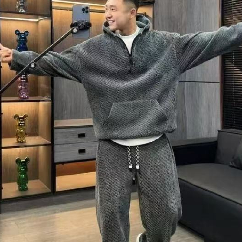 Men'S Fashion Zipper Hoodie - Men Striped Hoodie Set Thick Fleece