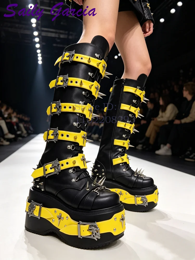 Leather Belt Braided - Skull Rivet Punk Knee-high Boots Round