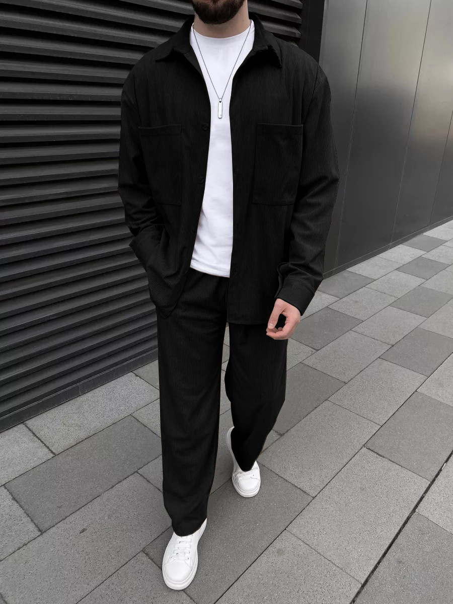 Mens Fashion Wear - Men's Corduroy Two-Piece Outfit: Long-Sleeved Button-Down