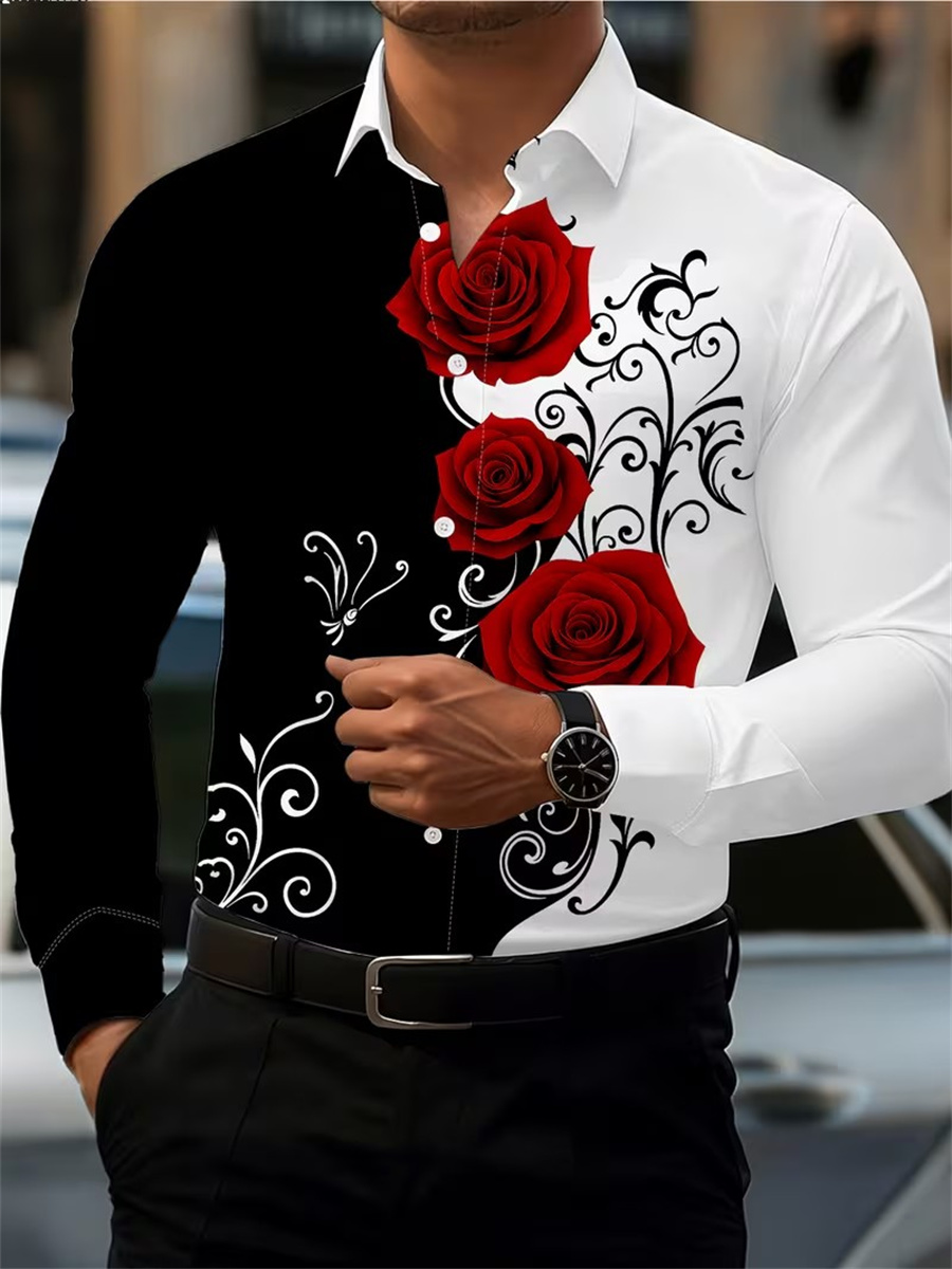 Men's Red Rose Print Long-Slee - Mens Fashion Wear ulasan dan harga