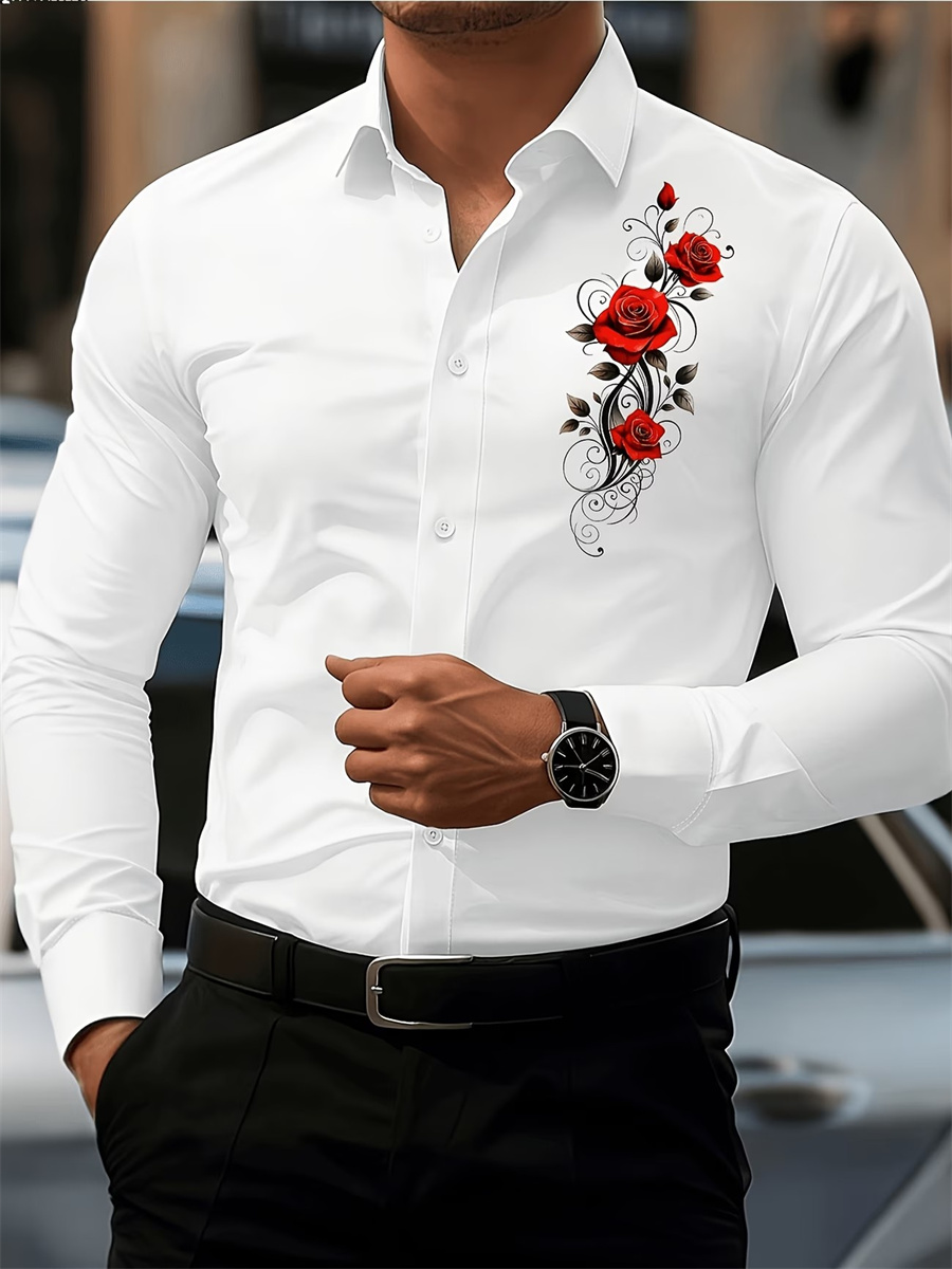 Men's Red Rose Print Long-Slee - Mens Fashion Wear ulasan dan harga