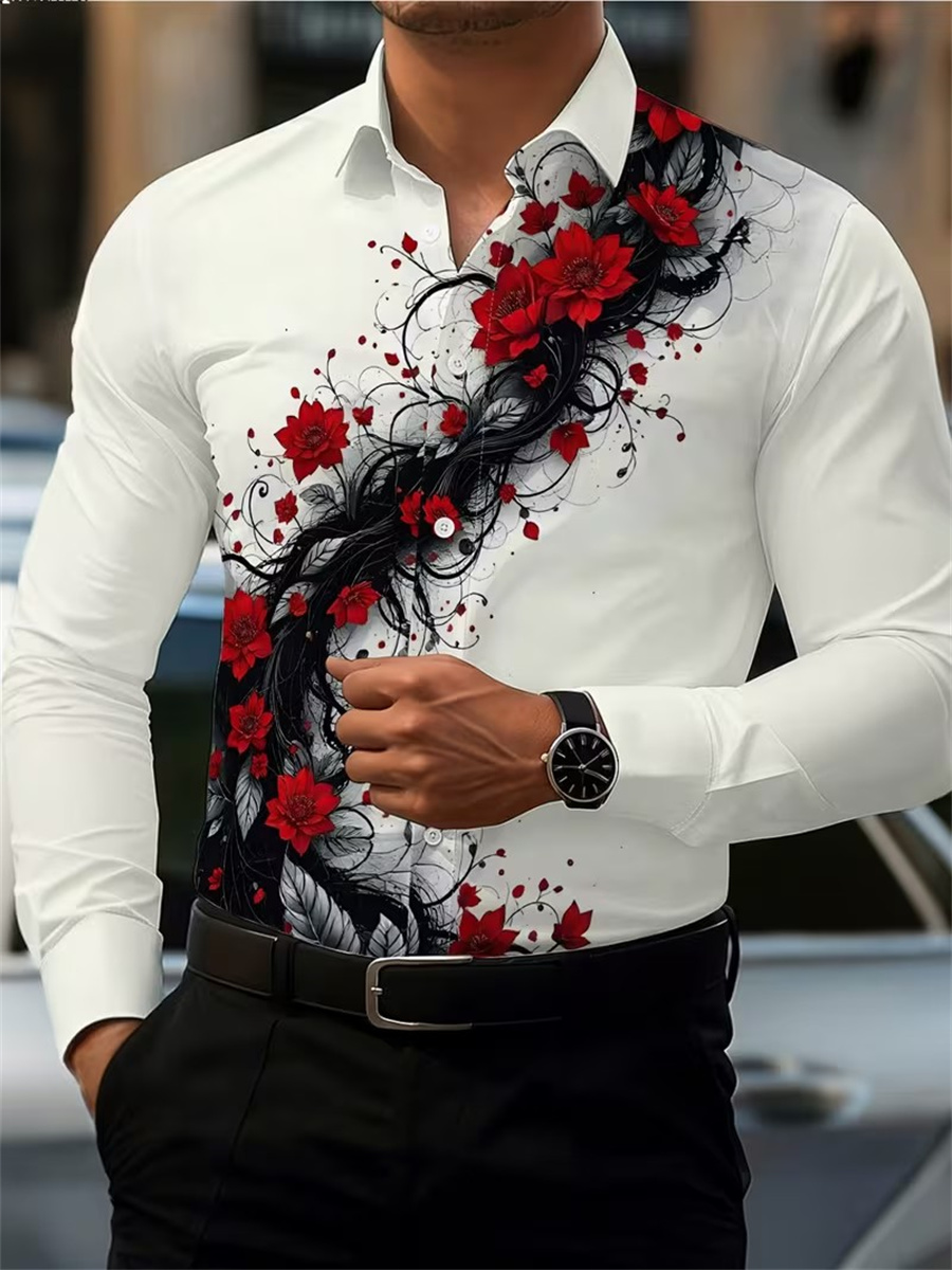 Men's Red Rose Print Long-Slee - Mens Fashion Wear ulasan dan harga